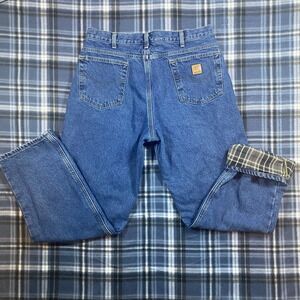 Carhartt B20 Flannel Lined Denim Jeans Mens 36x32 Blue Plaid Lined Straight Leg